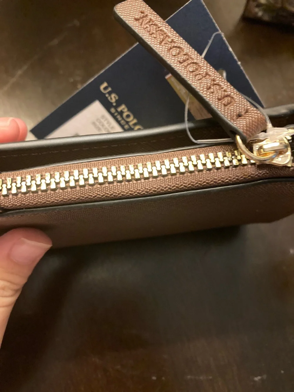 U.S. Polo Assn. Brown Leather Zip Wallet with Gold Logo